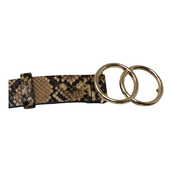 Snake Skin Print Gold Double Ring Buckle Faux Leather Belt 42" Long x 1 1/8" - Picture 4 of 13